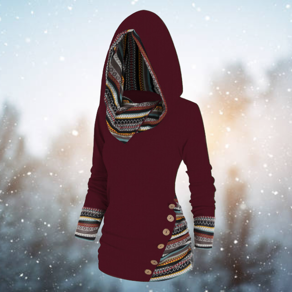 Women’s Hooded Top – Knit Fabric – Fitted Silhouette – Tribal Pattern Accents