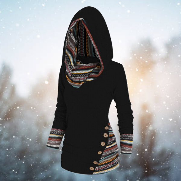 Women’s Hooded Top – Knit Fabric – Fitted Silhouette – Tribal Pattern Accents
