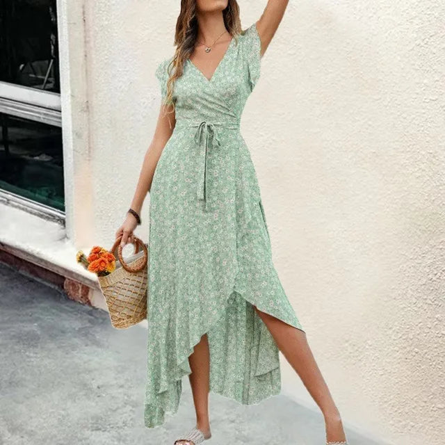 Women's Wrap Maxi Dress – High-Low Hem – Cap Sleeves – Flowy Floral Design