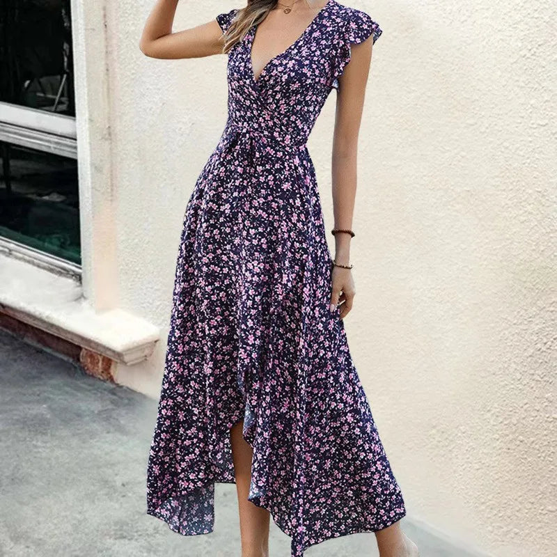 Women's Wrap Maxi Dress – High-Low Hem – Cap Sleeves – Flowy Floral Design