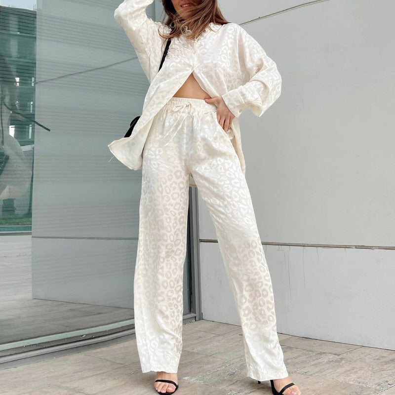Women's long-sleeve loose button-down leopard print pajama set with pants