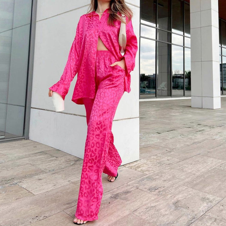 Women's long-sleeve loose button-down leopard print pajama set with pants