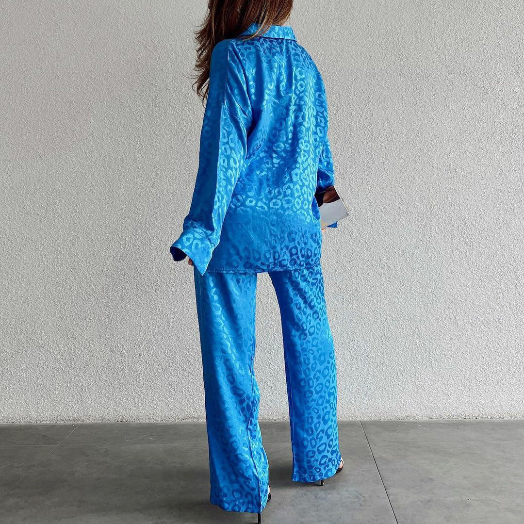Women's long-sleeve loose button-down leopard print pajama set with pants