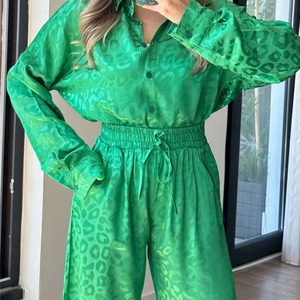 Women's long-sleeve loose button-down leopard print pajama set with pants