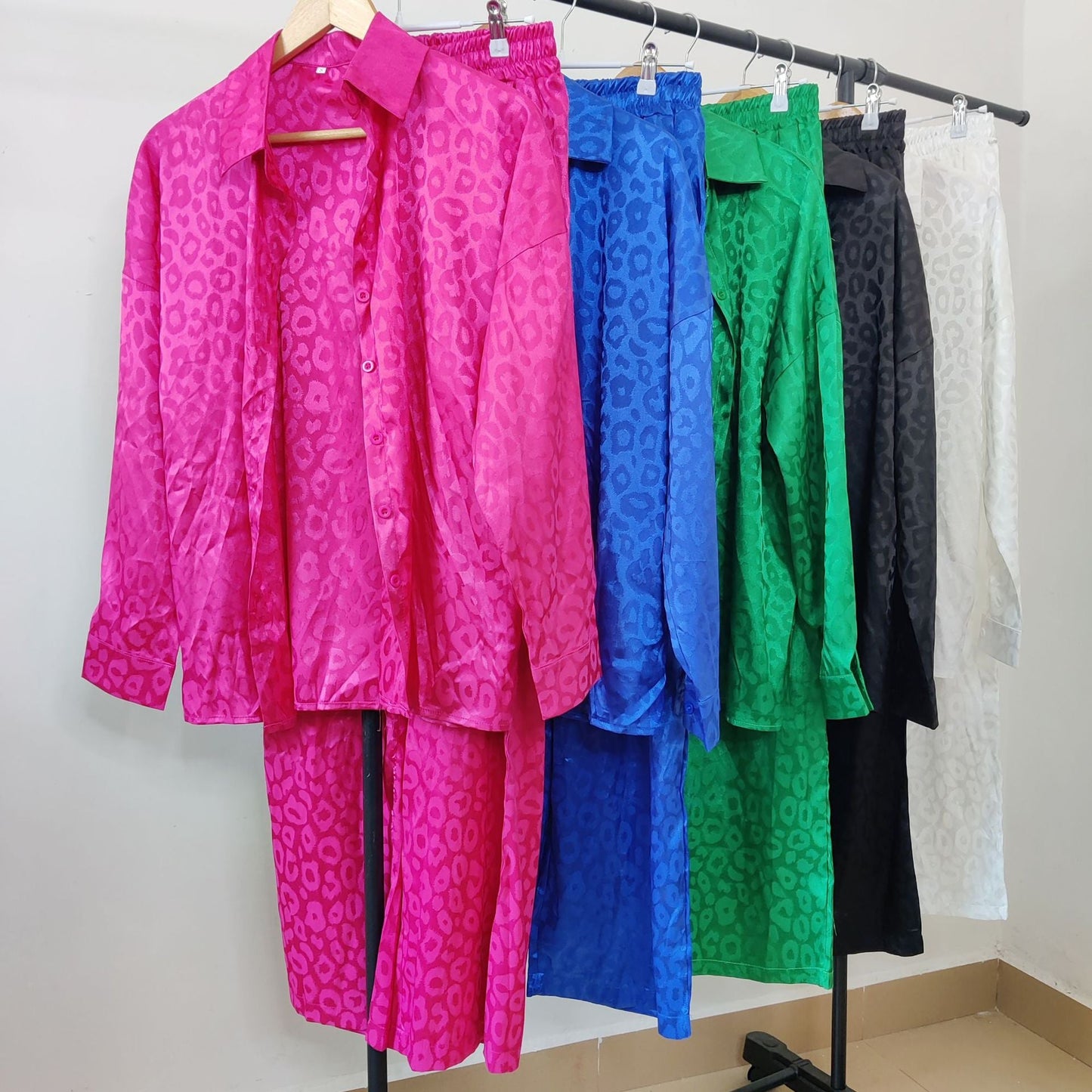 Women's long-sleeve loose button-down leopard print pajama set with pants