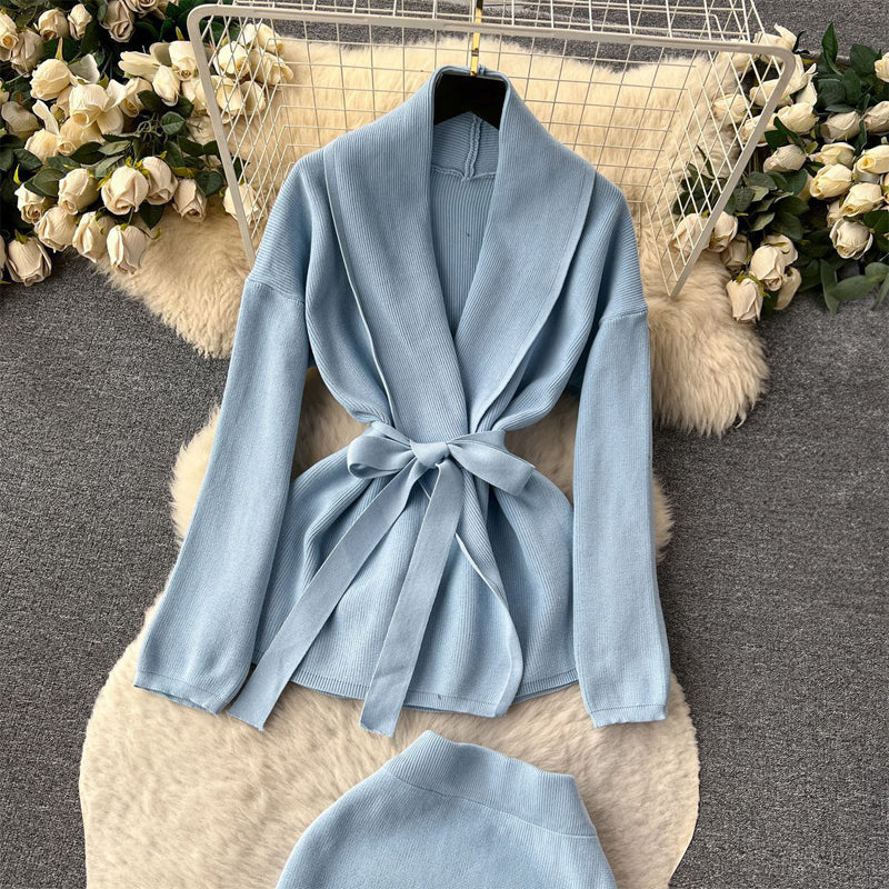 Women's long sleeve belted cardigan cami top & midi skirt set