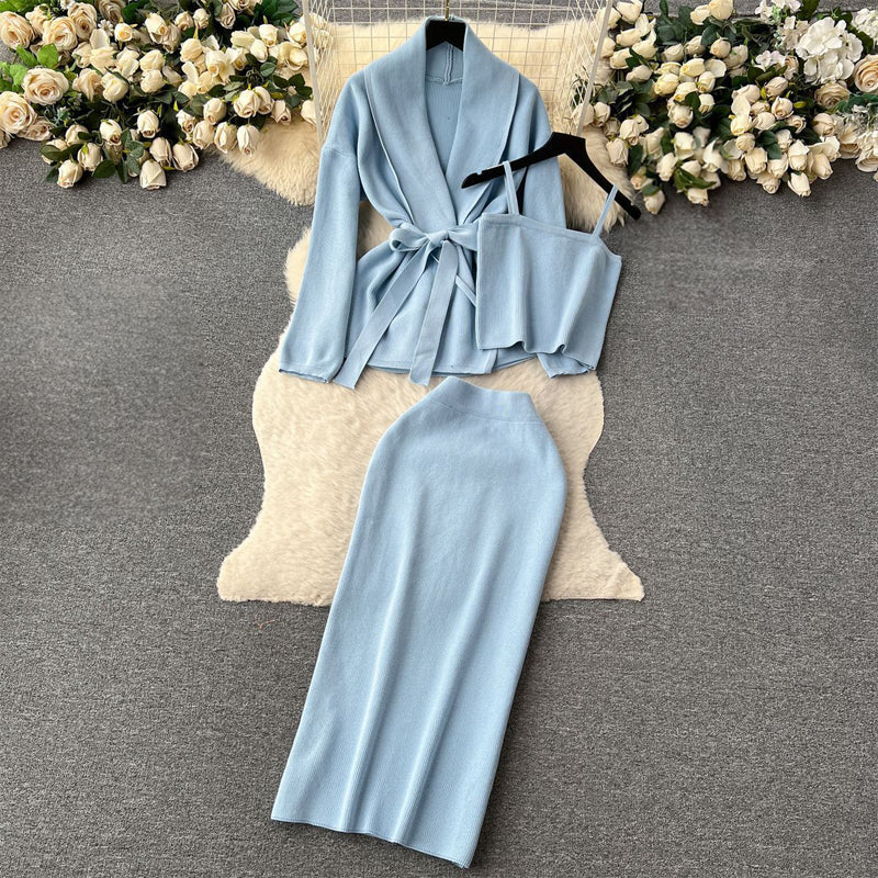 Belted Cardigan Cami Top & Midi Skirt Set