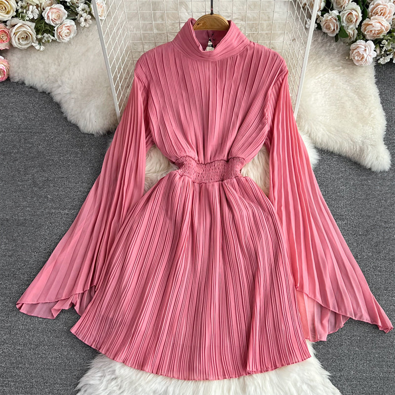 Pleated High Waist Chiffon Sleeve Dress