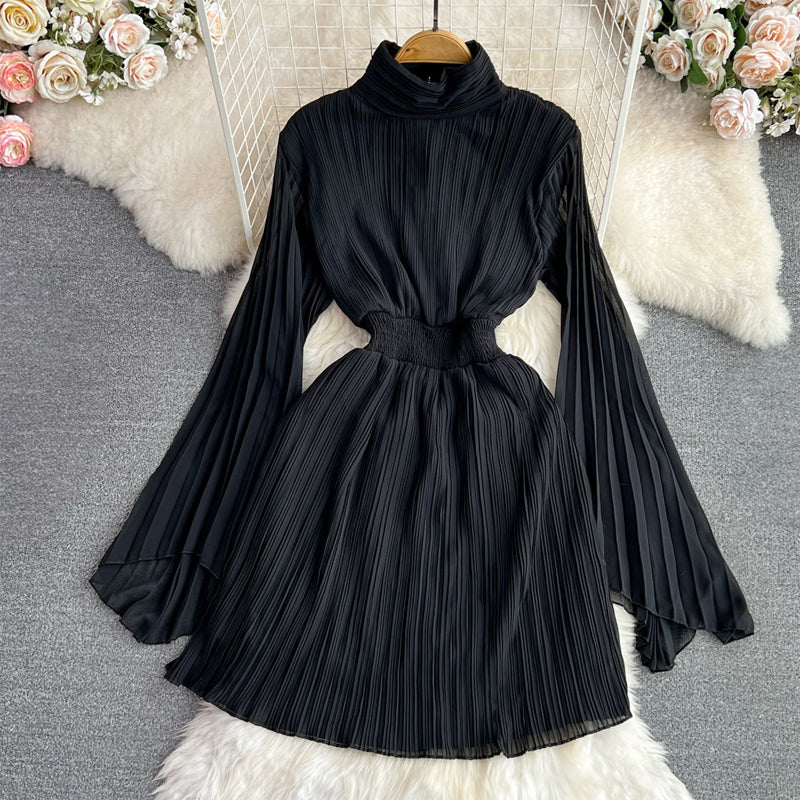 Pleated High Waist Chiffon Sleeve Dress