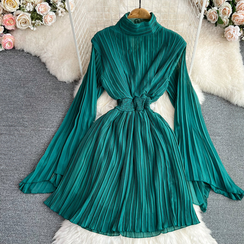 Pleated High Waist Chiffon Sleeve Dress