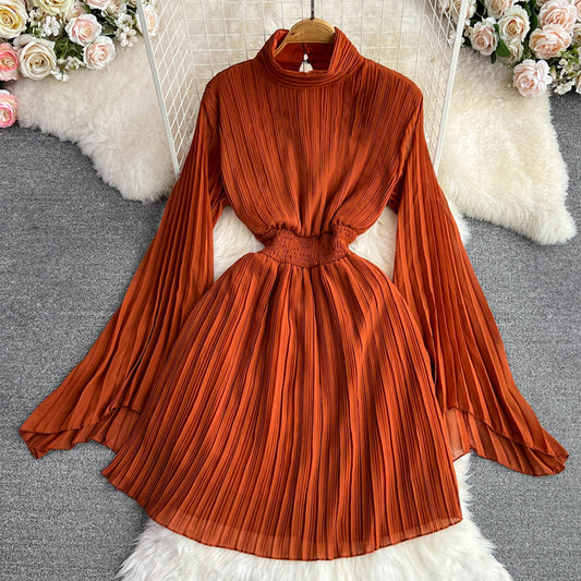 Pleated High Waist Chiffon Sleeve Dress