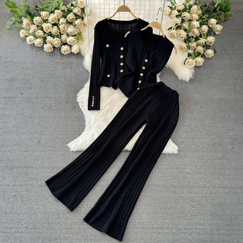 Women's v-neck long sleeve knit jacket vest wide-leg trousers three-piece set