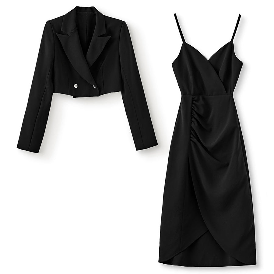 Women's slim short blazer shirred suspender dress two-piece set