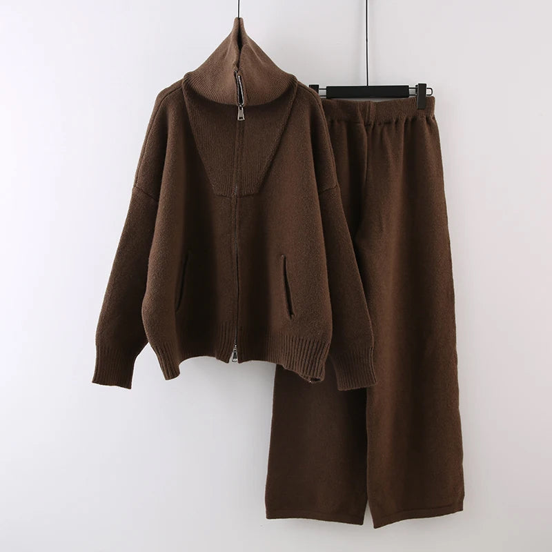 Women's casual lapel collar knitted sweater jacket and wide-leg trousers set