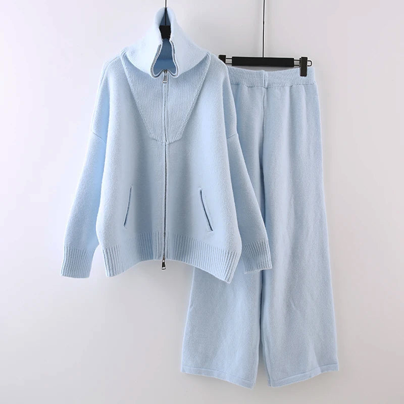 Women's casual lapel collar knitted sweater jacket and wide-leg trousers set