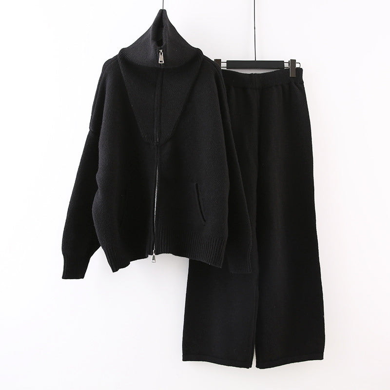 Women's casual lapel collar knitted sweater jacket and wide-leg trousers set