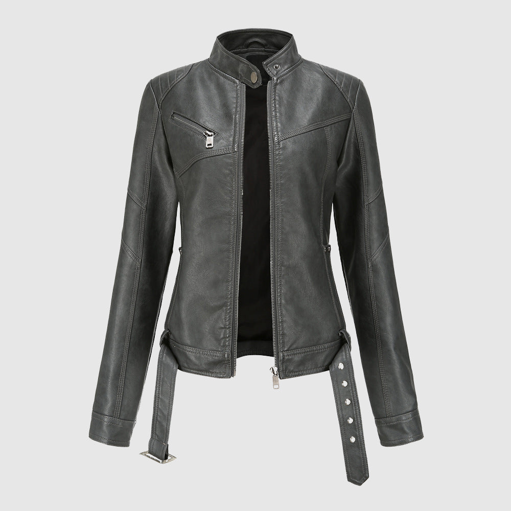 Women's faux leather stand collar zip-up jacket