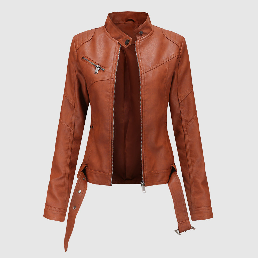 Women's faux leather stand collar zip-up jacket
