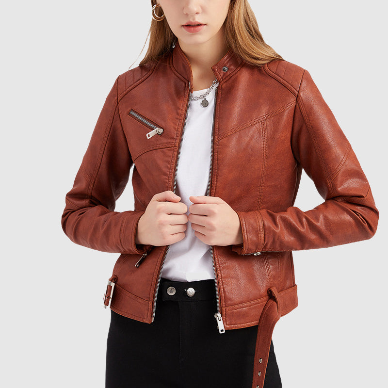 Women's faux leather stand collar zip-up jacket