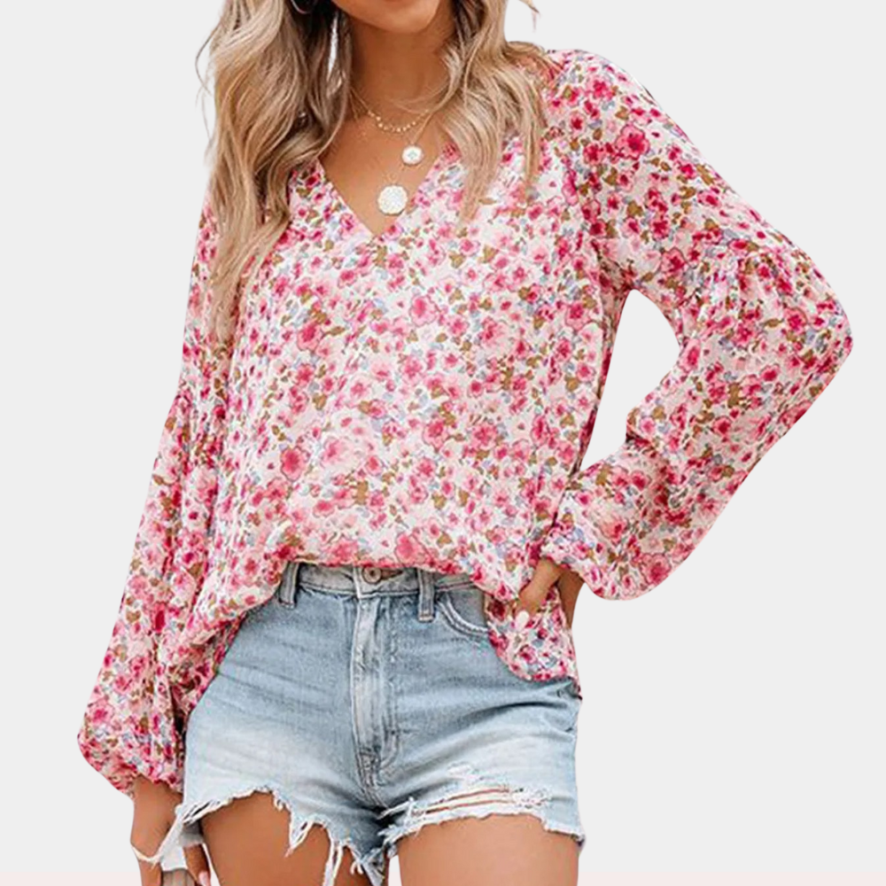 Women's Blouse - V-Neck - Long Puff Sleeves - Flowy Floral Casual Top