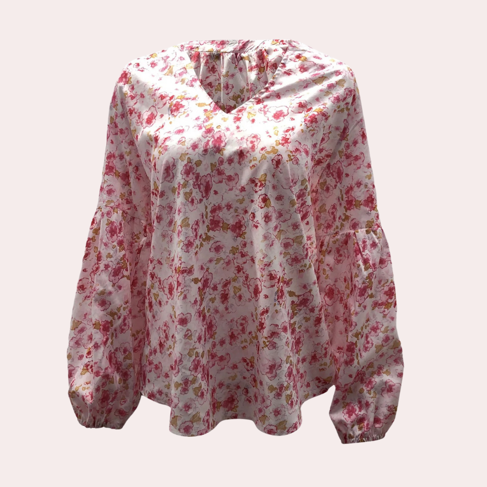 Women's Blouse - V-Neck - Long Puff Sleeves - Flowy Floral Casual Top