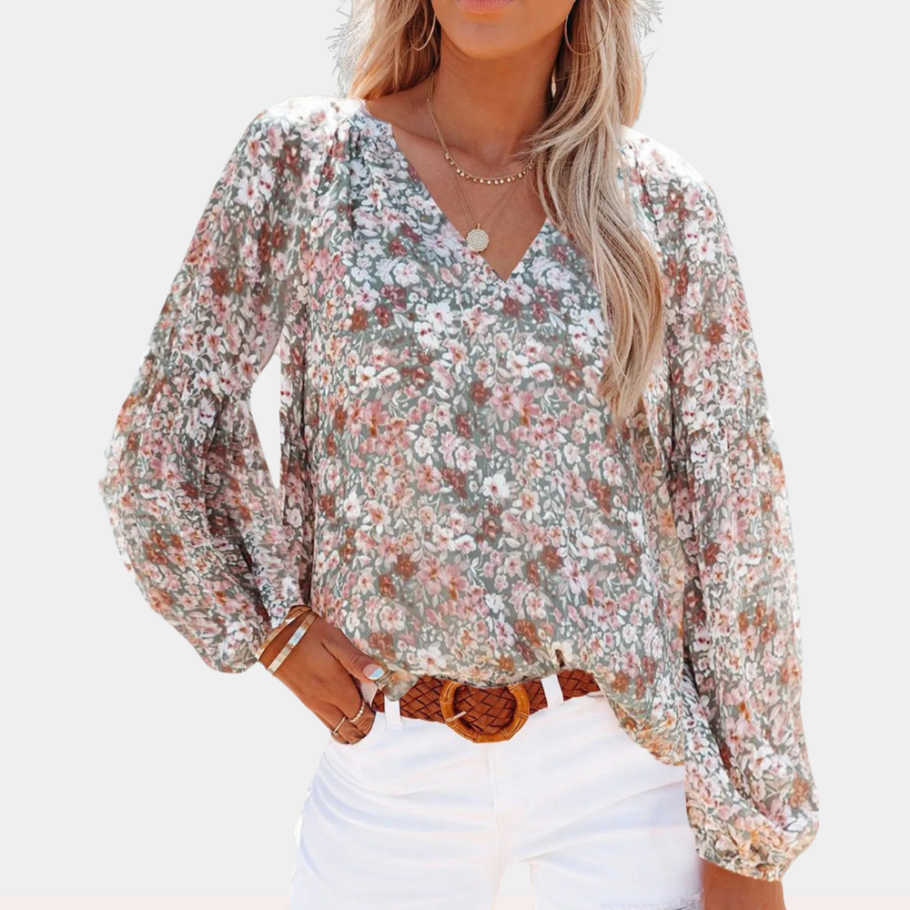 Women's Blouse - V-Neck - Long Puff Sleeves - Flowy Floral Casual Top