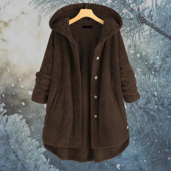 Women's Hooded Coat - Oversized Fit - Plush Fabric - Button Front - Cozy & Warm