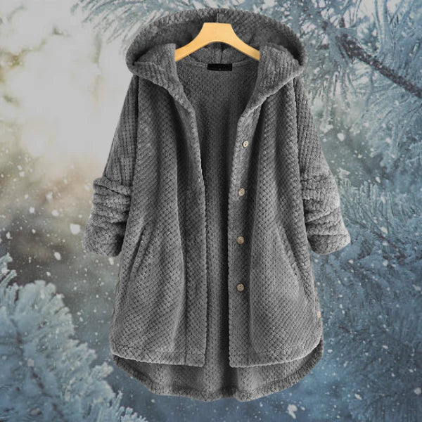 Women's Hooded Coat - Oversized Fit - Plush Fabric - Button Front - Cozy & Warm