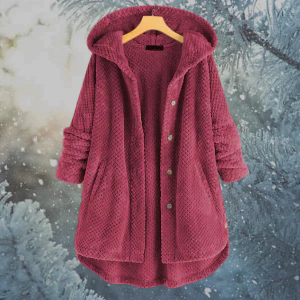 Women's Hooded Coat - Oversized Fit - Plush Fabric - Button Front - Cozy & Warm