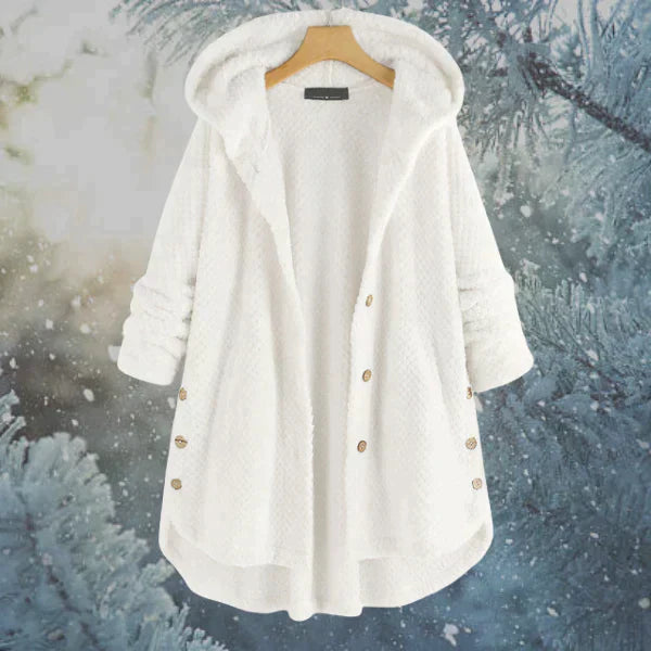 Women's Hooded Coat - Oversized Fit - Plush Fabric - Button Front - Cozy & Warm