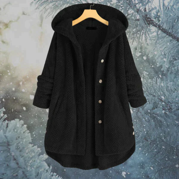 Women's Hooded Coat - Oversized Fit - Plush Fabric - Button Front - Cozy & Warm