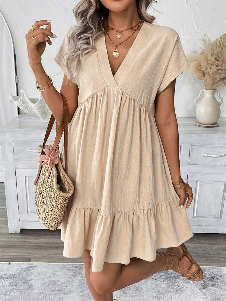 Women’s Short Dress – V-Neck Tie Front – Loose Fit – Lightweight Cotton – Casual Style