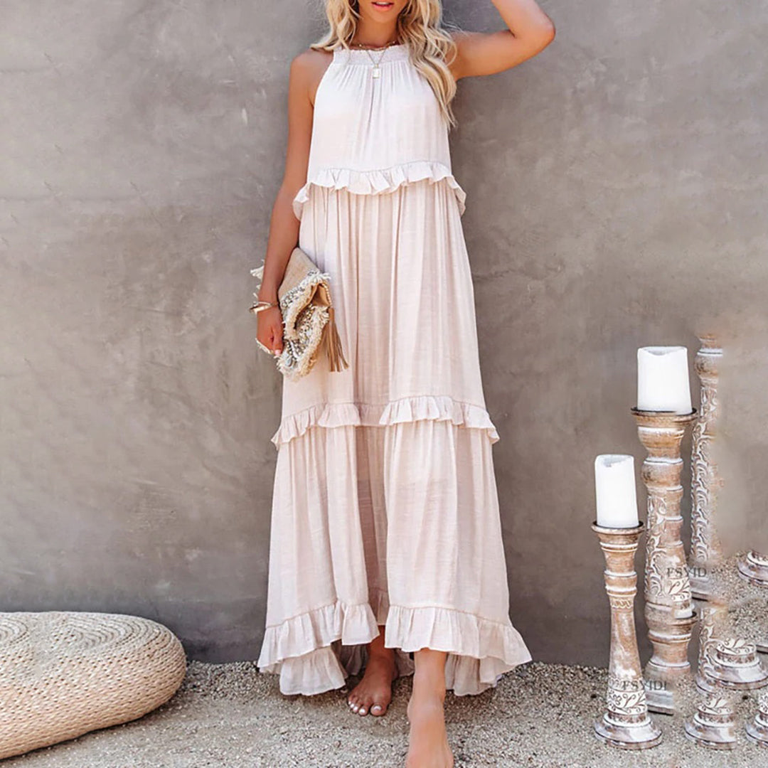 Women's Maxi Dress - Halter Neck - Flowy Fit - Ruffle Trim Elegant Full-Length