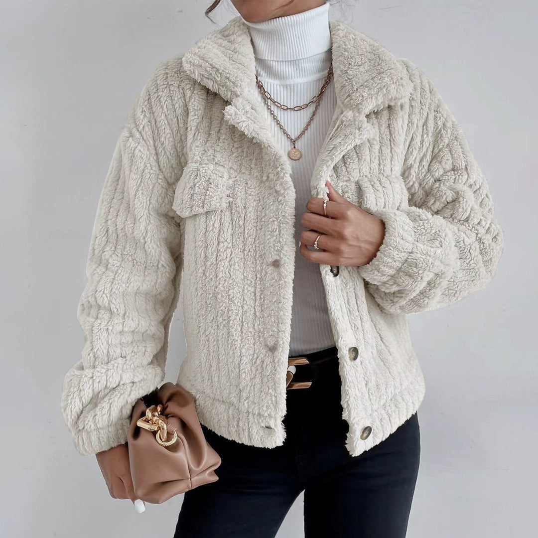 Women's casual lapel plush button-down jacket with flap pockets