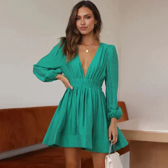 Women's Mini Dress - Deep V-Neck - Long Puff Sleeves - Fitted Waist - Elegant Style