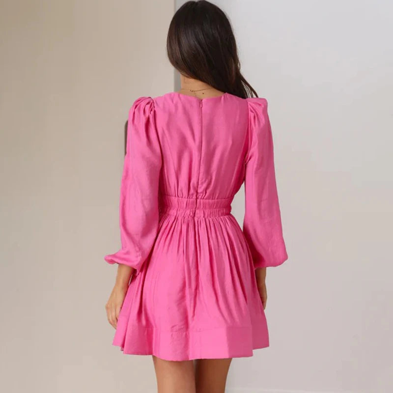 Women's Mini Dress - V-Neck - Long Puff Sleeves - Smocked Waist - Lightweight Flowy