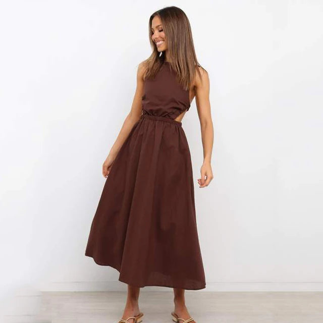 Women's Maxi Dress - Sleeveless Halter Neck - Ruched Straps - Open Back - Flowy A-Line