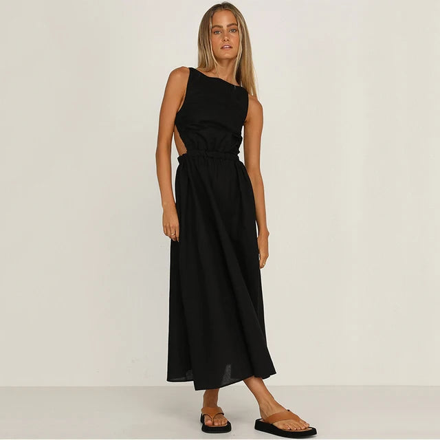 Women's Maxi Dress - Sleeveless Halter Neck - Ruched Straps - Open Back - Flowy A-Line