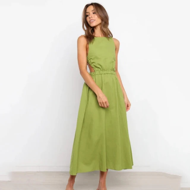 Women's Maxi Dress - Sleeveless Halter Neck - Ruched Straps - Open Back - Flowy A-Line