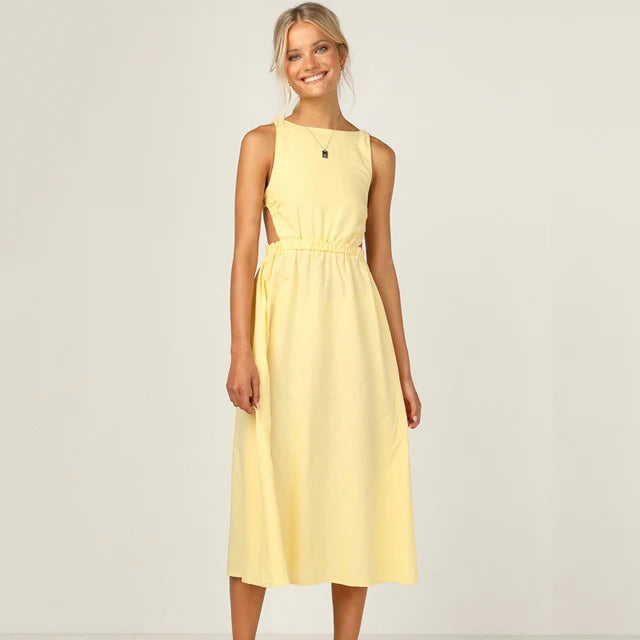 Women's Maxi Dress - Sleeveless Halter Neck - Ruched Straps - Open Back - Flowy A-Line