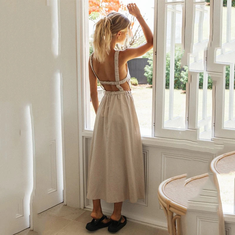 Women's Maxi Dress - Sleeveless Halter Neck - Ruched Straps - Open Back - Flowy A-Line