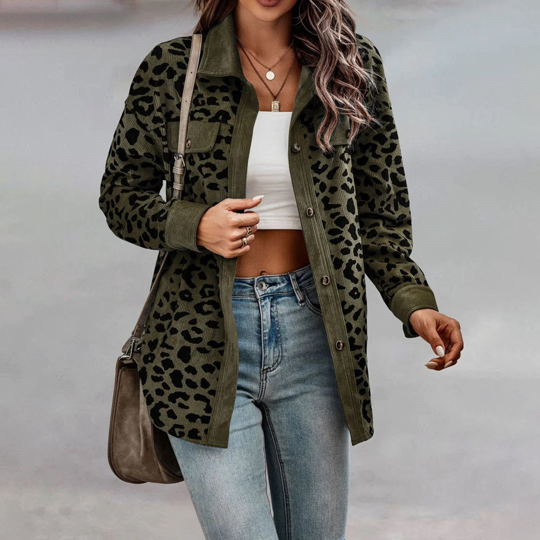 Women's leopard print button-up long sleeve jacket
