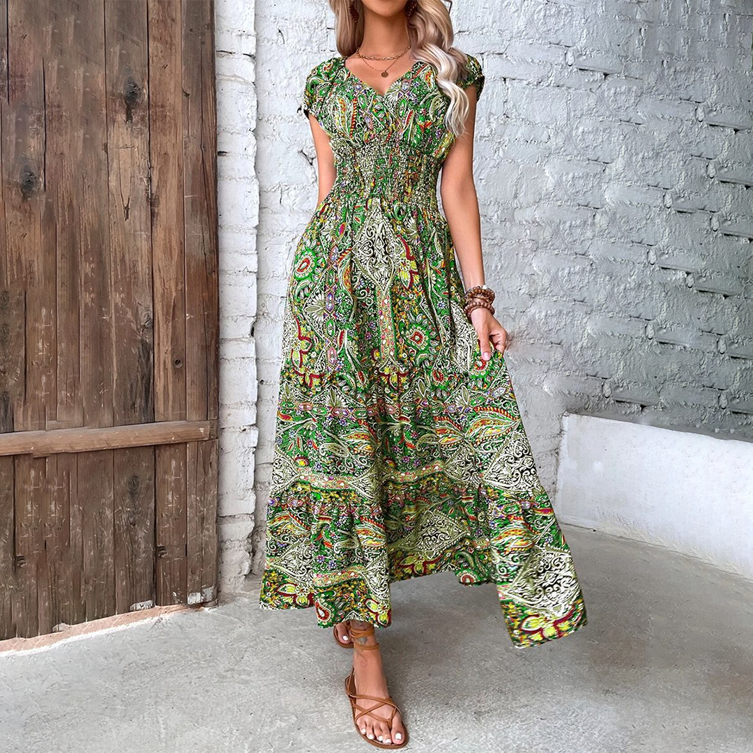 Women's Maxi Dress - Fit-and-Flare - V-Neck - Cap Sleeves - Smocked Bodice - Tiered Skirt