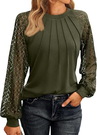 Women's Blouse - Long Lace Sleeves - Round Neck - Pleated Front - Relaxed Fit