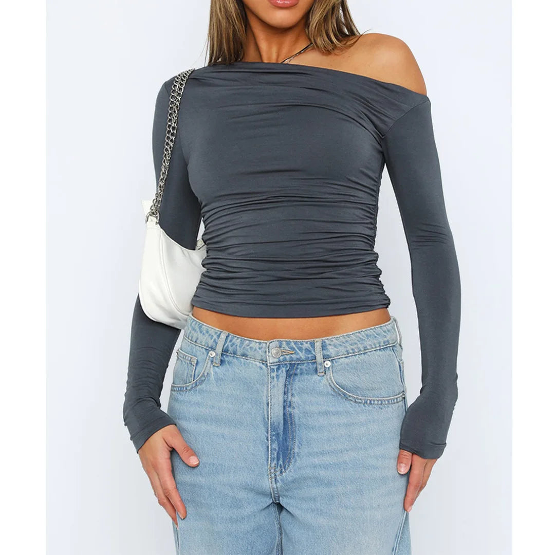 Women's Asymmetrical One-Shoulder Top - Ruched Fitted - Long Sleeve Cropped Stretchy
