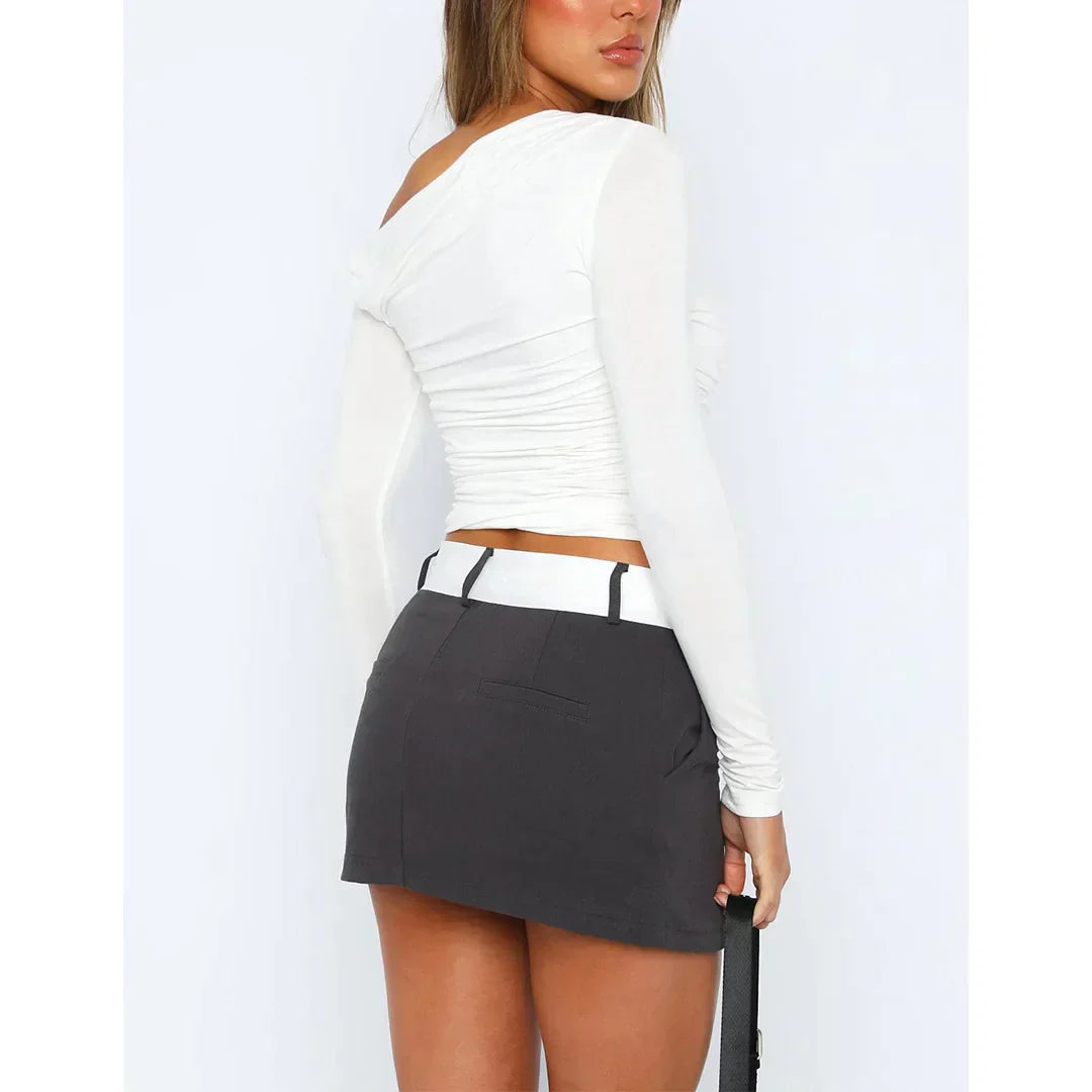 Women's Asymmetrical One-Shoulder Top - Ruched Fitted - Long Sleeve Cropped Stretchy