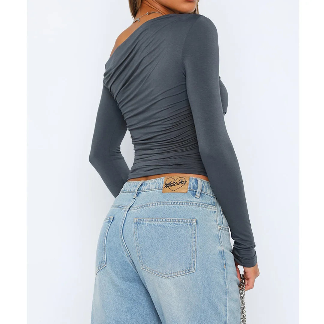 Women's Asymmetrical One-Shoulder Top - Ruched Fitted - Long Sleeve Cropped Stretchy