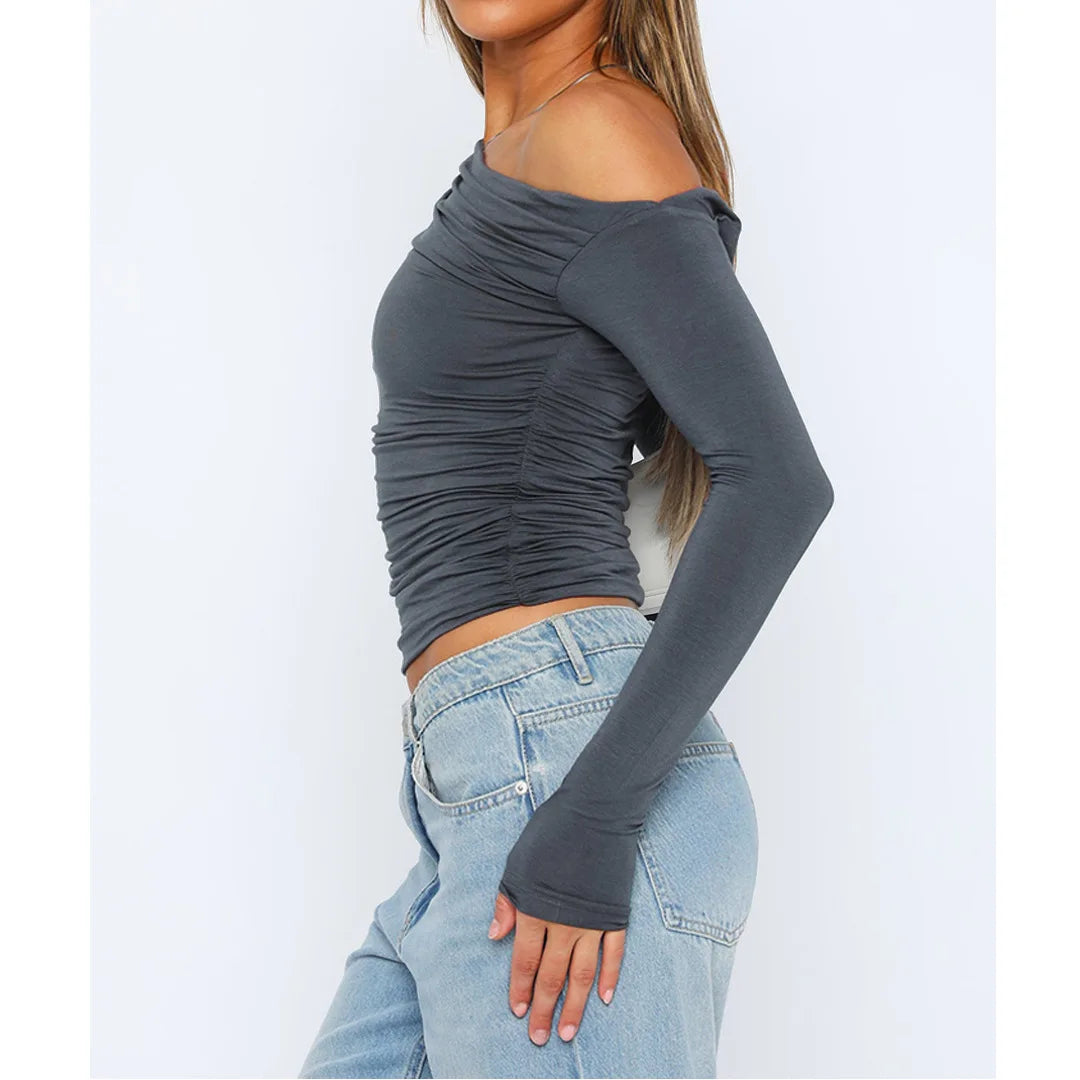 Women's Asymmetrical One-Shoulder Top - Ruched Fitted - Long Sleeve Cropped Stretchy