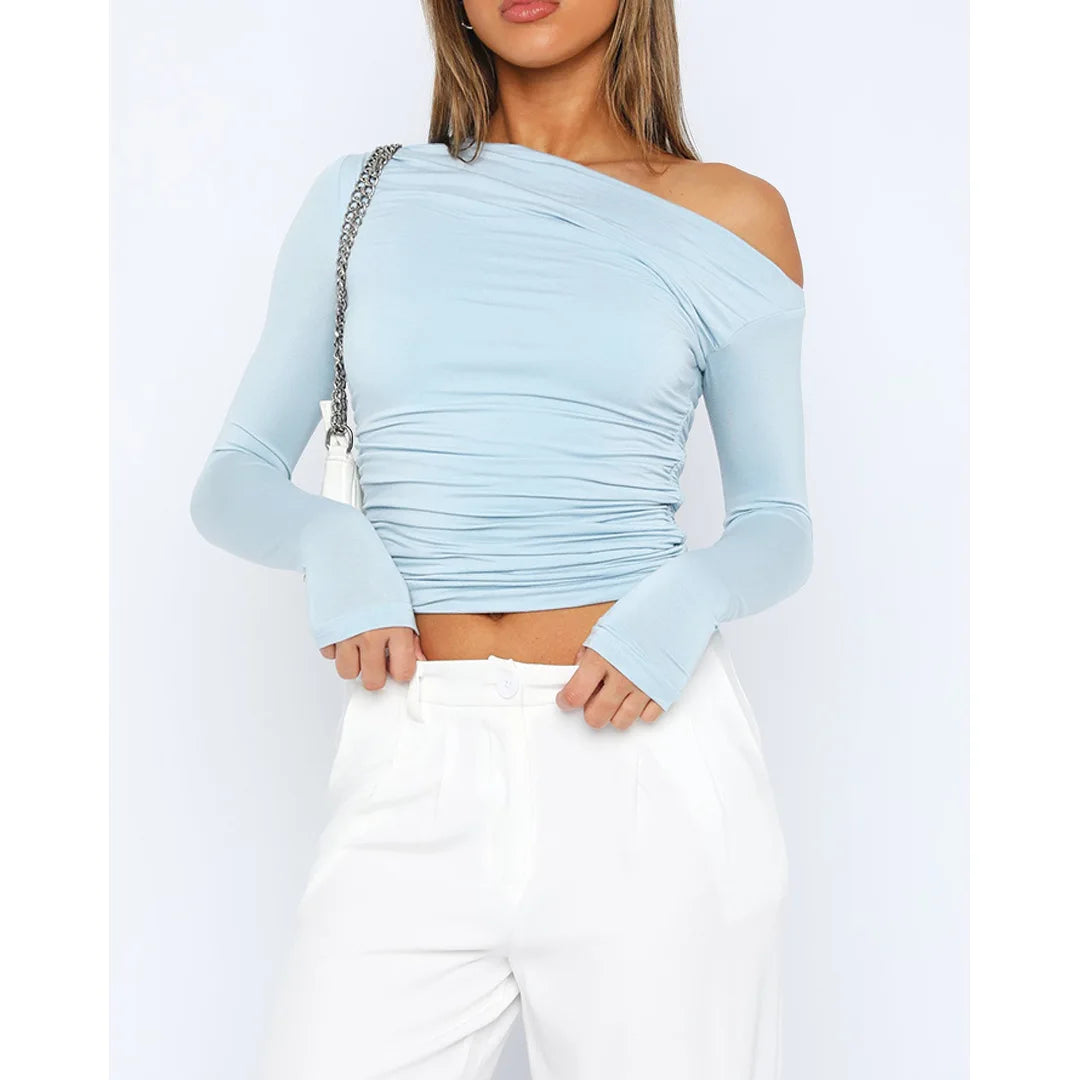 Women's Asymmetrical One-Shoulder Top - Ruched Fitted - Long Sleeve Cropped Stretchy