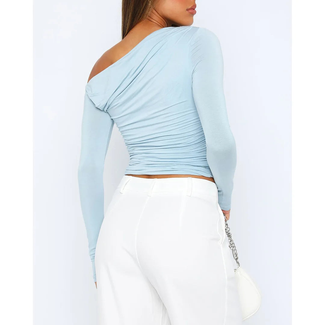 Women's Asymmetrical One-Shoulder Top - Ruched Fitted - Long Sleeve Cropped Stretchy